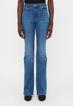Blå highwaisted flared jeans laget av denim, med subtil falming, fem-lomme design, og søm detaljer. Ensfarget, uten mønstre.