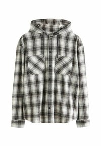 Kapuzenshirt aus Flanell in schwarz-weißer Karomusterung. Verfügt über zwei Brusttaschen, Knopfleiste und Zugbänder an der Kapuze. Weiche Textur.