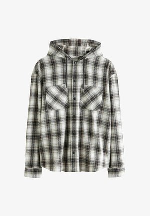 Hooded flannel shirt in black and white plaid. Features two chest pockets, button closure, and drawstrings at the hood. Soft texture.