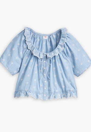 Világoskék pamut blúz fodros nyakkivágással, rövid ujjakkal, díszítő virágos hímzéssel és gombos záródással az elej�én.