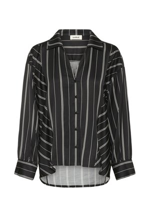 Schwarze Bluse mit weißen vertikalen Streifen, langärmlig, mit V-Ausschnitt und geschwungener Saumlinie. Aus glattem Stoff mit lockerer Passform.