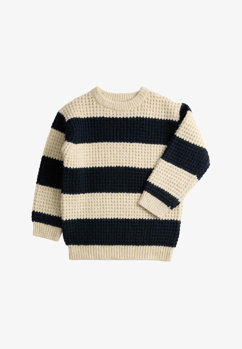 Pullover lavorato a maglia con righe crema e navy, caratterizzato da un tessuto texturizzato, colletto, polsini e orlo a costine. Design classico a girocollo.
