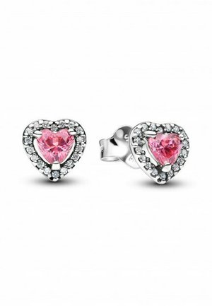 Orecchini a forma di cuore con gemme rosa circondate da cristalli trasparenti, montati in un metallo di tonalità argento. Design con chiusura posteriore sicura.