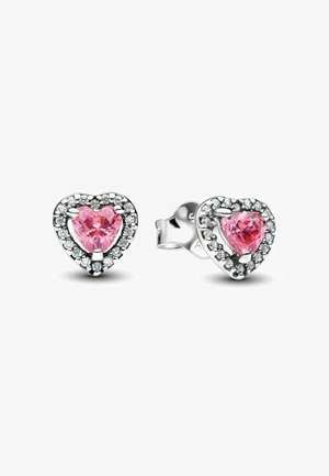 Orecchini a forma di cuore con gemme rosa circondate da cristalli trasparenti, montati in un metallo di tonalità argento. Design con chiusura posteriore sicura.