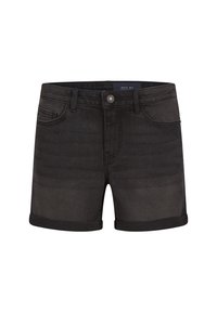 Zwarte denim shorts met een klassieke snit, voorzien van een opgerolde zoom, zijzakken en een knoopsluiting, een zachte textuur en subtiele vervaagde plekken.