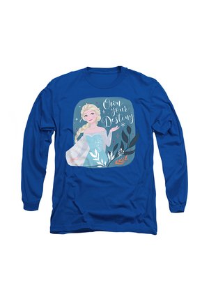 Blue long-sleeve T-shirt featuring an illustration of a character with blonde hair, wearing a light blue dress, surrounded by decorative elements.