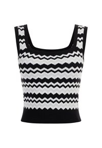 Top de trening alb-negru, cu model zigzag, decolteu pătrat și design fără mâneci, cu o siluetă ajustată și țesătură texturată.