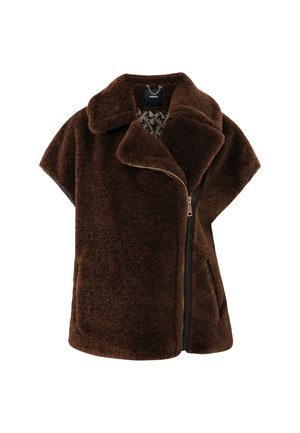 Gilet senza maniche in pelliccia sintetica marrone con ampio colletto, zip frontale asimmetrica e fodera interna con motivo.