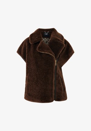 Brązowa kamizelka z sztucznego futra bez rękawów, z szerokim kołnierzem, asymetrycznym zapięciem na zamek i wzorzystą podszewką.