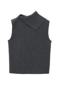 Dunkelgrauer ärmelloser Rollkragenpullover mit einem gerippten Kragen, gefertigt aus weichem Strickmaterial, mit lockerem Schnitt und klaren Linien.