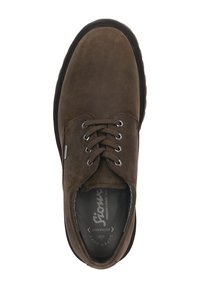 Chaussure décontractée en cuir marron à lacets avec semelle noire et col rembourré, vue de dessus.
