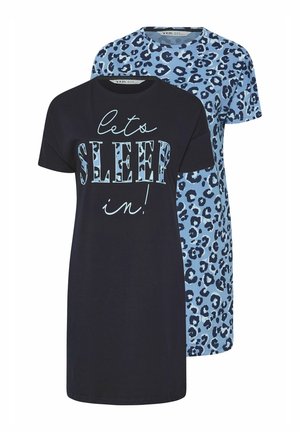 Two T-shirts: one navy with white text "let's SLEEP in!", the other light blue with dark blue leopard spots; short sleeves, crew neck.