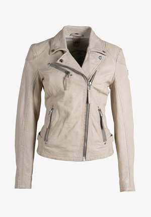 Beige Leder-Bikerjacke mit asymmetrischem Frontreißverschluss, drei Reißverschlusstaschen und Druckknopf-Reverskragen, gezeigt vor weißem Hintergrund.