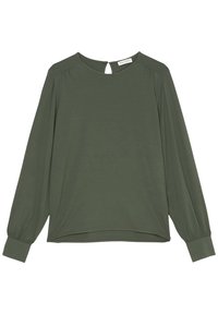 Maglietta a maniche lunghe in verde oliva, con scollatura rotonda, pieghe sottili sulle spalle, apertura a goccia sul retro e polsini elasticizzati. Texture morbida.