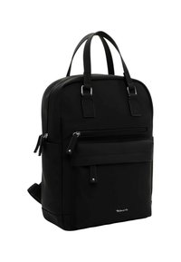 Zwarte rechthoekige rugzak met twee handgrepen bovenaan, een voorvak met rits en gewatteerde schouderbanden, met het merk "Tamaris" onderaan.