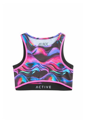 Soutien-gorge de sport actif avec une base noire, des motifs de vagues vibrants en rose, bleu et violet, et une bande noire contrastante avec le logo.