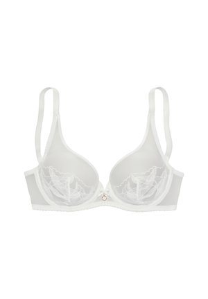 White sheer underwire bra with lace floral embroidery, adjustable straps, and small decorative ring at center front.