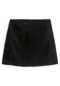 Jupe mini en velours côtelé noir avec une coupe droite, une surface texturée et deux fentes latérales pour un meilleur confort de mouvement. Sans fermetures visibles.