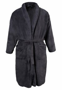 Grijze, zachte robe van pluche stof, met een sjawl-kraag, tailleband en twee voorzakken. Lange mouwen met een relaxte pasvorm.