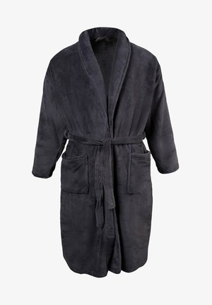 Grijze, zachte robe van pluche stof, met een sjawl-kraag, tailleband en twee voorzakken. Lange mouwen met een relaxte pasvorm.