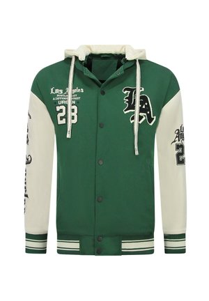Groen en crèmekleurig varsityjack met capuchon, drukknoopsluiting aan de voorkant, tekst Los Angeles, nummer 28 en decoratieve patches op borst en mouwen.