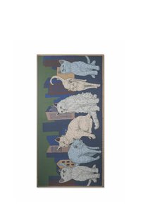 Tissu présentant des chats illustrés dans diverses poses sur un fond multicolore de bleu, vert et marron avec des formes géométriques.