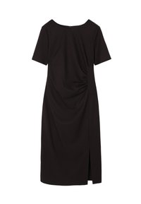 Vestido negro con escote redondeado, mangas cortas y una abertura lateral. Presenta detalles fruncidos en la cintura y una textura de tela suave.