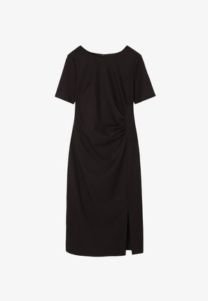 Schwarzes Kleid mit Rundhalsausschnitt, kurzen Ärmeln und einem seitlichen Schlitz. Verfügt über geraffte Details in der Taille und eine glatte Stofftextur.
