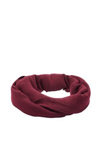 Burgundowa, prążkowana chusta infinity, miękka w dotyku, okrągły wzór z twisted design i jednolitą teksturą w całej długości.
