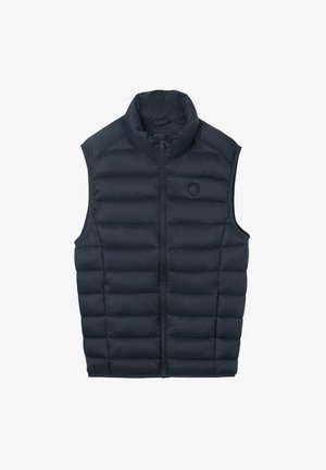 Chaleco acolchado azul marino con cuello alto, secciones acolchadas en horizontal, cierre frontal con cremallera y detalle de logo circular en el pecho.