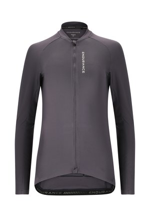Dame mørkegrå langærmet cykeltrøje med fuld lynlås foran og teksten "ENDURANCE" på bryst og talje.