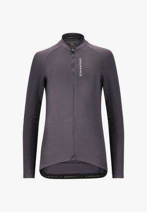 Dame mørkegrå langærmet cykeltrøje med fuld lynlås foran og teksten "ENDURANCE" på bryst og talje.