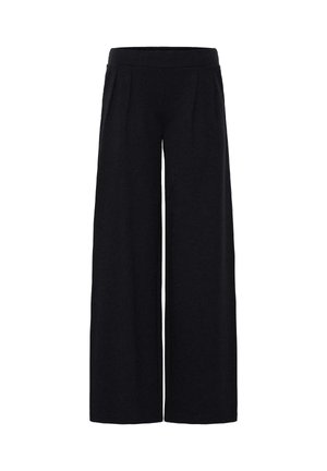 Pantalon large noir à taille haute avec des plis devant, conçu pour une coupe décontractée et confortable.