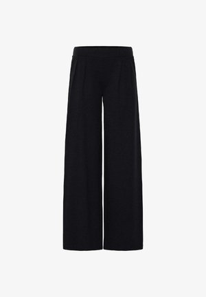 Pantalon large noir à taille haute avec des plis devant, conçu pour une coupe décontractée et confortable.