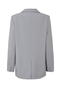 Light gray blazer with a notched collar, long sleeves, and a straight cut. Features a center seam running vertically down the back.