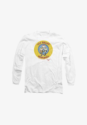 Weißes Langarmshirt mit einem bunten kreisförmigen Grafikdesign, das zwei Cartoon-Hühner zeigt, und dem Text "Los Pollos Hermanos" in rotem, abgenutztem Stil.