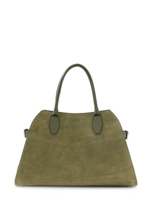 Sac à main en daim vert olive avec deux poignées arrondies, forme trapézoïdale et logo « GUESS » discret embossé au centre avant.