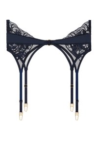 Lingerie bleu marine avec des détails en dentelle florale, des bretelles réglables et du matériel en ton doré. Comprend un centre en trou de serrure et des côtés en maille transparente.