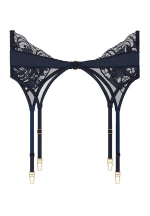 Lingerie bleu marine avec des détails en dentelle florale, des bretelles réglables et du matériel en ton doré. Comprend un centre en trou de serrure et des côtés en maille transparente.