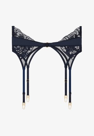 Lingerie bleu marine avec des détails en dentelle florale, des bretelles réglables et du matériel en ton doré. Comprend un centre en trou de serrure et des côtés en maille transparente.