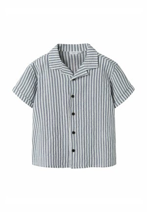 Chemise à manches courtes à boutons avec rayures verticales bleues et blanches et col rabattu sur fond blanc.