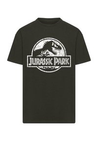 Crna pamučna majica s bjelašim logotipom Jurassic Park, siluetom dinosaura i tekstom u kružnom dizajnu. Kratki rukavi, okrugli izrez.