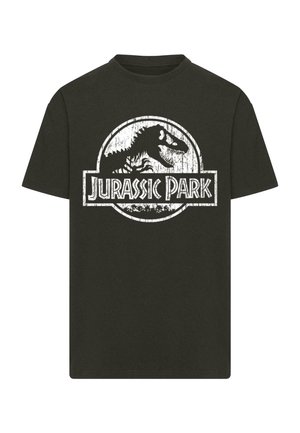 T-shirt nera in cotone con logo bianco di Jurassic Park, con silhouette di dinosauro e testo in un design circolare. Maniche corte, colletto rotondo.