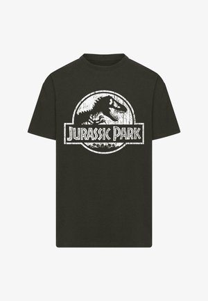 T-shirt nera in cotone con logo bianco di Jurassic Park, con silhouette di dinosauro e testo in un design circolare. Maniche corte, colletto rotondo.