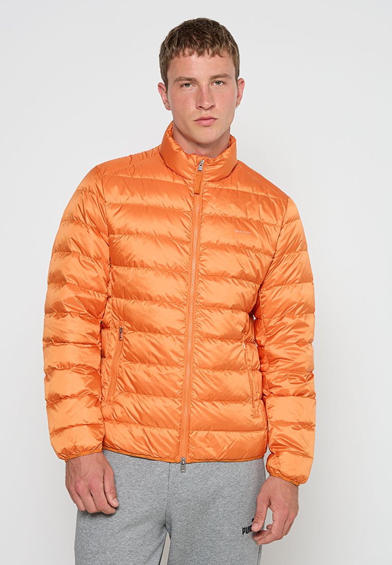 Oranger Daunenjacke mit horizontalen Nähten, hohem Kragen und Vorderreißverschlüssen. Glattes, glänzendes Material; verfügt über ein Logo auf der Brust und Seitentaschen.
