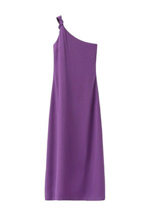 Robe longue violette asymétrique avec une bretelle nouée, coupe droite et tissu lisse, présentée sur un fond blanc.