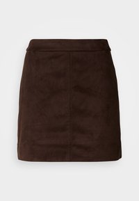 Hnědá semišová mini sukně s hladkým povrchem, přiléhavým pasem a vertikálním švem. Minimalistický design bez dalších ozdob.