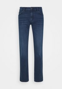 Mörk denimjeans med rak bendesign, som har fem fickor, en knappstängning, och subtila blekningar längs låren.