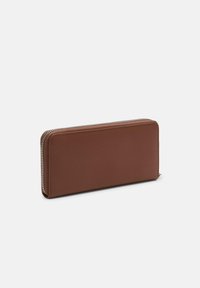 Brown leather wallet with a textured surface, rectangular shape, and silver zipper detail along the edge for secure closure.