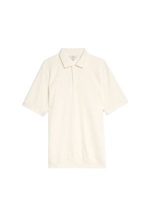Cremefarvet kortærmet polo-shirt med ribbede strukturer, tre-knaps lukning og klassisk krave. Rene linjer, ingen mønstre eller accenter.